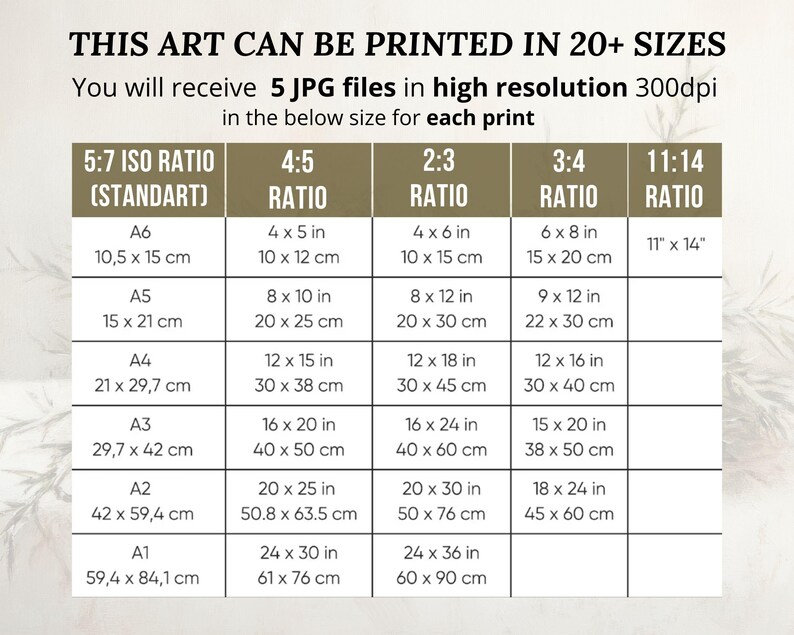 Pu&ograve; includere: Una tabella delle dimensioni di stampa per opere d'arte, con rapporti 5:7, 4:5, 2:3, 3:4 e 11:14. Le dimensioni sono indicate in centimetri e pollici, da A6 (10,5 x 15 cm) a A1 (59,4 x 84,1 cm).