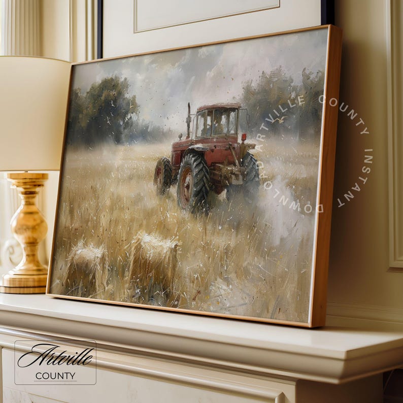 Vintage Tractor in Field Painting, Farmhouse Wall Art, Printable Farm Wall Art, Countryside Field Print, Farming Scene Digital Art Print image 4