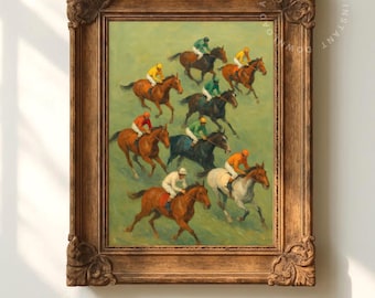 Horse Racing Vintage Painting, Jockeys Print, Equestrian Sports Decor, Digital Download