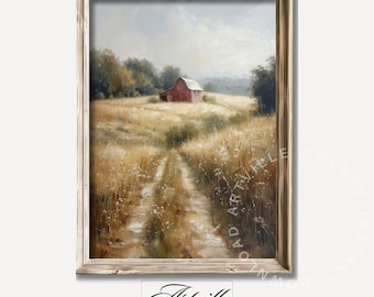 Vintage Countryside Barn Painting, Printable Fall Landscape Art, Classic Barn Wall Art, Warm Tone Oil Painting, Autumn Field Art Print