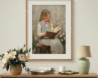 ヴィンテージの読書中の少女の絵画、印刷可能な自然のアートワーク