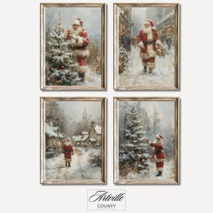 Vintage Santa Christmas Gallery Wall Set Printable Christmas Tree Wall Art Winter Holiday Decor Rustic Santa Claus Painting Digital Download