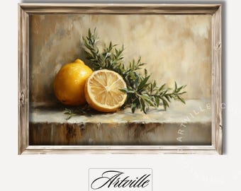 Vintage Lemon Print, Cottage Printable Art, Country Kitchen Decor, Antique Fruit Painting, Farmhouse Still Life Wall Art, Digital Download