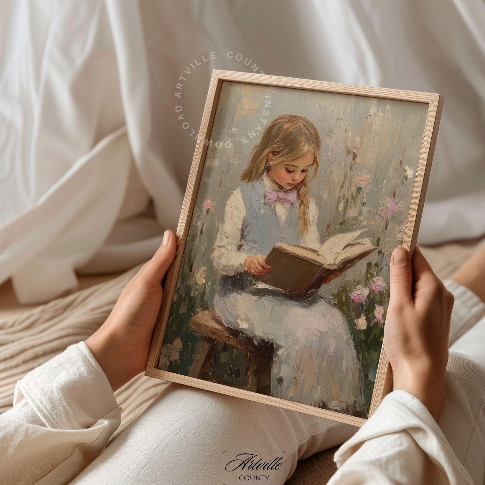 ヴィンテージの読書中の少女の絵画、印刷可能な自然のアートワーク