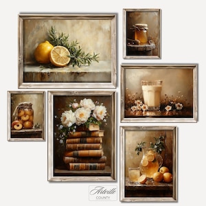 Vintage Kitchen Prints Set of 6, Printable Farmhouse Kitchen Wall Art, Still Life Painting, Antique Cottagecore Wall Decor, Digital Download