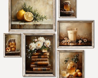 May include: A collection of five framed paintings with various still life subjects. The paintings feature lemons, peaches, flowers, books, jars of honey, and glasses of milk. The frames are all white with a distressed finish.