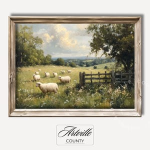 Printable Sheeps Grazing Oil Painting, Countryside Landscape Print, Farmhouse Wall Art, Sheep in Field Art, Cottagecore Art Digital Download