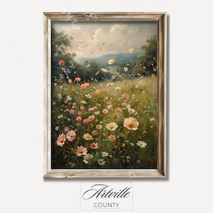 Printable Wildflower Meadow Landscape Painting, Farmhouse Wall Art, Vintage Cottage Oil Painting, Spring Countryside Digital Art Print