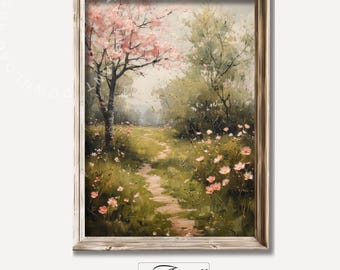 Vintage kersenbloesem print lente landschapsschilderkunst afdrukbare lente muur kunst platteland kunst Cottagecore natuur decor digitale download