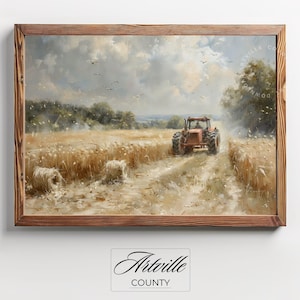 Puede incluir: Pintura de paisaje enmarcada que representa un tractor rojo en un campo de trigo. La obra de arte presenta un marco de madera r&uacute;stico, un cielo nublado y balas de heno. La pintura est&aacute; firmada "Artville County".