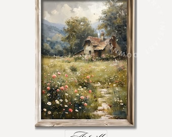 May include: A painting of a rustic cottage in a field of wildflowers. The cottage has a brown roof and white walls. There is a path leading to the cottage, and the field is filled with pink and white flowers.