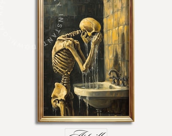 Skeleton Bathroom Art Print: Gothic Skull Halloween Decor (Digital Download)