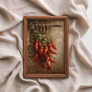 Chilipeppar oljemålning, utskrivbart stillebentryck, vintage köksväggkonst, lantlig inredning, Red Hot Chili-konst, digital nedladdning