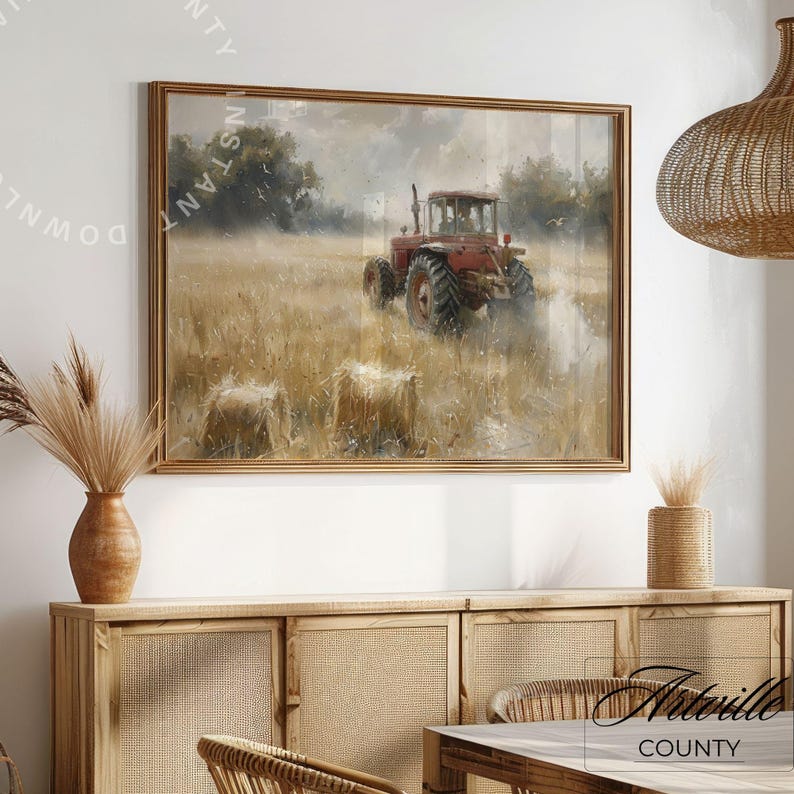 Vintage Tractor in Field Painting, Farmhouse Wall Art, Printable Farm Wall Art, Countryside Field Print, Farming Scene Digital Art Print image 9