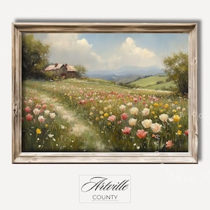 Vintage Spring Landscape Art Print, Antique Cottage Wall Art, Farmhouse Spring Decor, Printable Wildflower Painting Digital Download Artwork