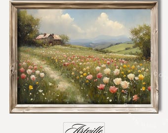Vintage Spring Landscape Art Print, Antique Cottage Wall Art, Farmhouse Spring Decor, Printable Wildflower Painting Digital Download Artwork