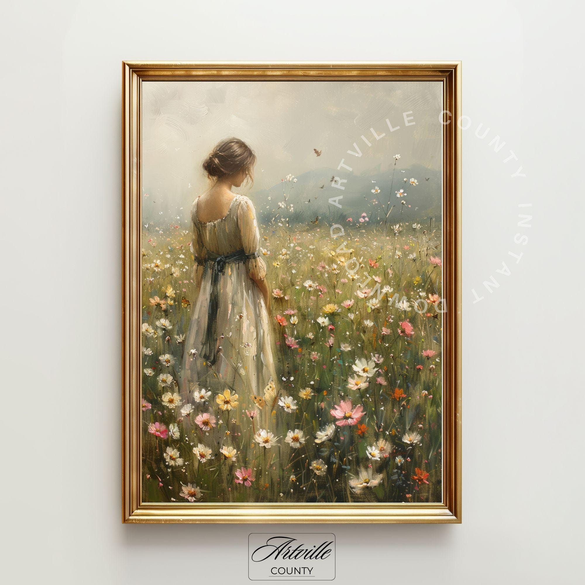 Printable Girl in Meadow Landscape Painting, Vintage Wildflower