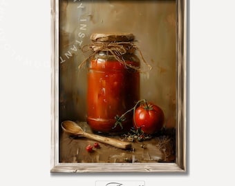 Printable Canned Tomatoes Painting, Cottage Kitchen Wall Art, Vintage Tomato Art, Food Poster, Farmhouse Kitchen Decor Digital Download