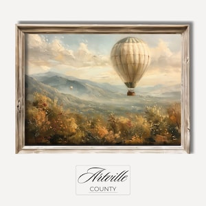 Vintage Hot Air Balloon Painting Landscape Art Print Home Decor Nature Wall Art Rustic Countryside Decor Digital Download
