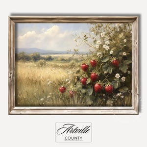 Vintage Strawberry Field Painting: Rustic Farmhouse Kitchen Print (Digital Download)