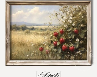 Vintage Strawberry Field Painting: Rustic Farmhouse Kitchen Print (Digital Download)