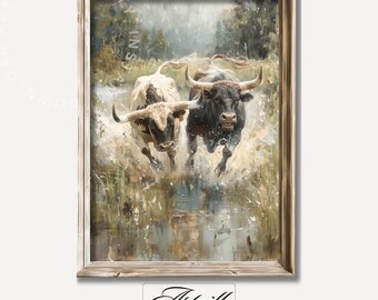 Vintage Angry Bulls Ölgemälde, druckbare laufende Kühe, Bauernhaus Cottagecore Dekor, Land Bauernhof Wandkunst, digitaler Download