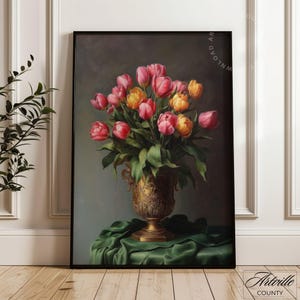 Vintage Moody Tulips Wall Art, Printable Dark Floral Painting, Flower Print, Farmhouse Decor, Antique Cottage Art Print, Digital Download