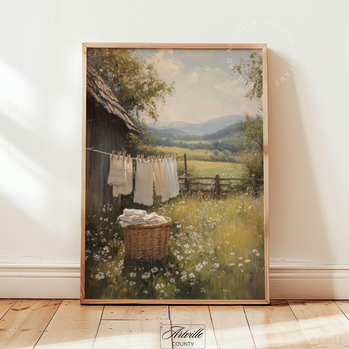 Vintage Laundry Day Print, Printable Country Landscape Painting ...