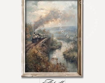 Printable Steam Train Painting, Vintage Stone Bridge Art Print, Countryside Fall Landscape Painting, Locomotive Wall Art, Digital Download