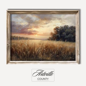 May include: A painting of a field of golden wheat at sunset. The sky is a mix of pink, orange, and purple, with clouds scattered across the canvas. The sun is setting behind a line of trees in the distance.