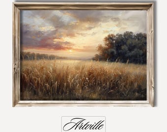 Vintage Country Landscape Painting Cottagecore Decor Wiejski Zachód Słońca Wydruk Rustykalny Dekoracja Ścienna Moody Wall Art Pole Pszenicy Pobieranie Cyfrowe