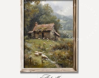 May include: A painting of a rustic cabin in a green valley with sheep grazing in the field. The cabin has a thatched roof and a stone chimney. The valley is surrounded by rolling hills and trees. The painting is framed in a rustic wooden frame.