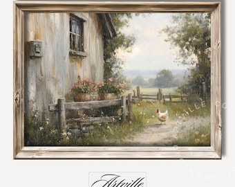 Impressão artística vintage com tema rural, arte de galinha de fazenda, decoração cottagecore, arte de primavera, arte de parede de fazenda, download digital de pintura de galinha para impressão