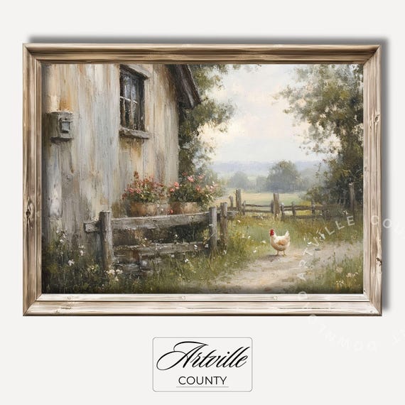 Vintage Countryside Art Print, Farmhouse Chicken Art, Cottagecore Decor, Spring Art, Farm Wall Art, Printable Hen Painting Digital Download