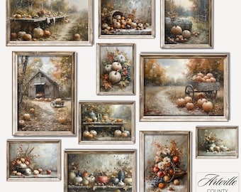 Puede incluir: Una colección de impresiones artísticas enmarcadas con escenas otoñales. La obra de arte representa calabazas, calabazas y follaje de otoño en varios escenarios, incluyendo un granero, un carro y una mesa. La paleta de colores incluye tonos cálidos de naranja, marrón y dorado.
