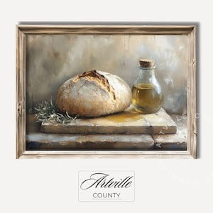Farmhouse Bread Still Life Print, Cottagecore Printable Art, Country Kitchen Decor, Antique Food Painting, Vintage Wall Art Digital Download