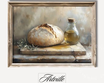 May include: A still life painting of a loaf of bread and a bottle of olive oil on a wooden table. The bread is crusty and golden brown, and the olive oil is clear and golden yellow. The painting is set against a neutral background.