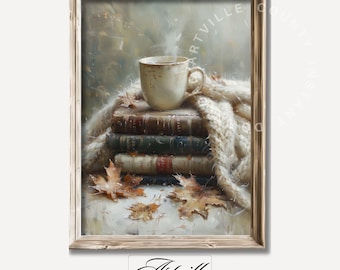 Printable Antique Teacup Art Vintage English Book Print Fall Foliage Painting Autumn Leaves Wall Art Rustic Decor Antique Academia Art Print