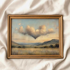 ハート型の雲のウォールアート、印刷可能な春の風景画、ロマンチックなバレンタインデコレーション、デジタルダウンロード