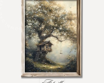 Whimsical Treehouse Oil Painting, Printable Fairy Tale Wall Art, Kids Room Decor, Magic Forest Print, Vintage Art Print, Digital Download