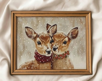 Deer Couple Winter Print: Vintage Animal Wall Art, Romantic Valentines Decor, Digital Download