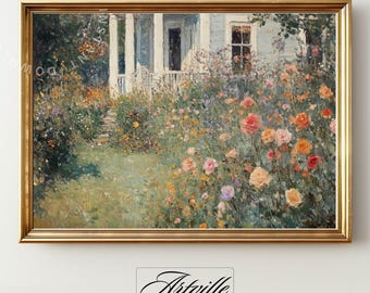 Vintage Cottage Garden Painting, Printable Wildflowers Wall Art, Spring Floral Porch Print, Antique Country House Decor, Digital Download