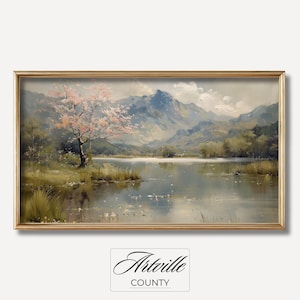 Vintage Berglandschaft TV Kunst, Samsung Rahmen TV Kunst, Vintage See Ölgemälde, Panorama Landschaft Kunst, ästhetischer Hintergrund Smart TV