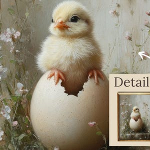 May include: A fluffy, yellow chick perched on a cracked eggshell, with a soft, textured appearance. The chick has an orange beak and tiny feet. The background features delicate white and pink flowers, creating a serene, springtime theme.