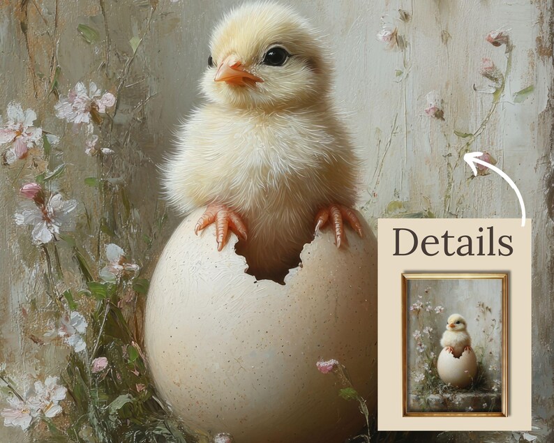 May include: A fluffy, yellow chick perched on a cracked eggshell, with a soft, textured appearance. The chick has an orange beak and tiny feet. The background features delicate white and pink flowers, creating a serene, springtime theme.