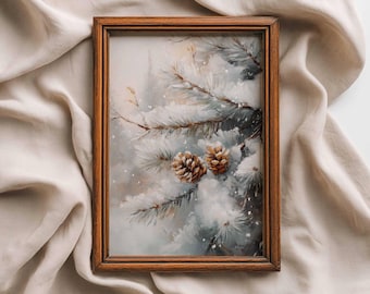 Snowy Pine Cones Print, Winter Tree Painting, Farmhouse Wall Art, Holiday Decor, Digital Download