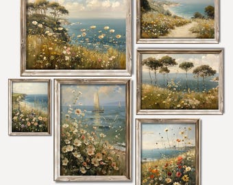 Conjunto de 6 láminas costeras vintage, arte mural playero imprimible, láminas antiguas de flores silvestres, decoración primaveral, pintura floral de verano (descarga digital)
