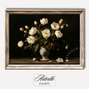 Moody Flowers Printable Wall Art, Vintage Dark Oil Painting, Floral Art Print, Farmhouse Decor, Victorian White Tulip Print Digital Download