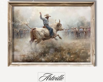 Printable Rodeo Wall Art, Cowboy Riding Bull Painting, Western Print, American Cowboy Art, Vintage Wall Art, Cowboy Decor, Digital Download