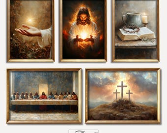 May include: Five framed paintings depicting scenes from the life of Jesus Christ. The paintings include a hand reaching out from a cloud, Jesus holding a glowing orb, a crown of thorns on a Bible, Jesus at the Last Supper, and three crosses on a hill.